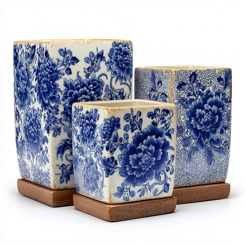 Pots-ceramique-30x20x31cm - 24x17x25cm - 17x13x18cm-blanc-bleu-style classique-Styleero