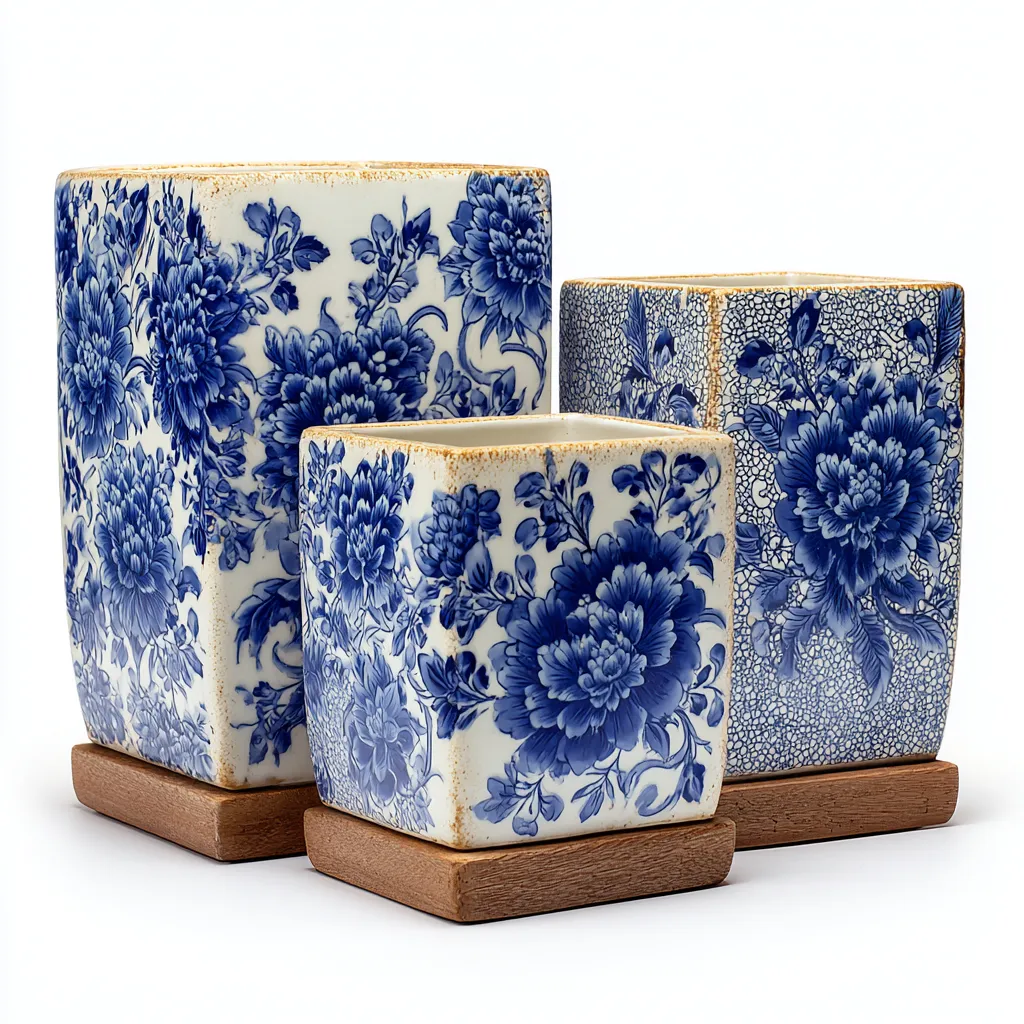 Pots-ceramique-30x20x31cm - 24x17x25cm - 17x13x18cm-blanc-bleu-style classique-Styleero