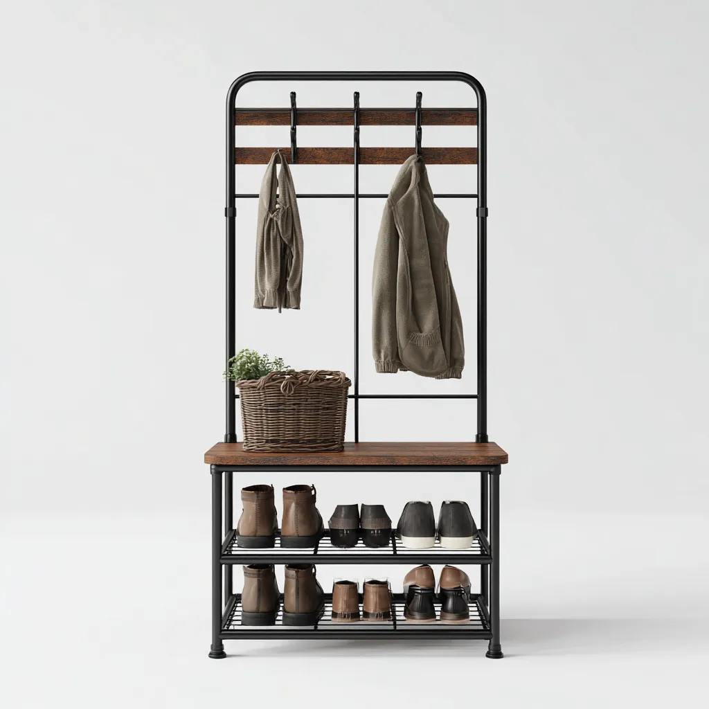 Porte manteau-métal-bois-116x38x171 cm-noir-bois-industriel-Styleero