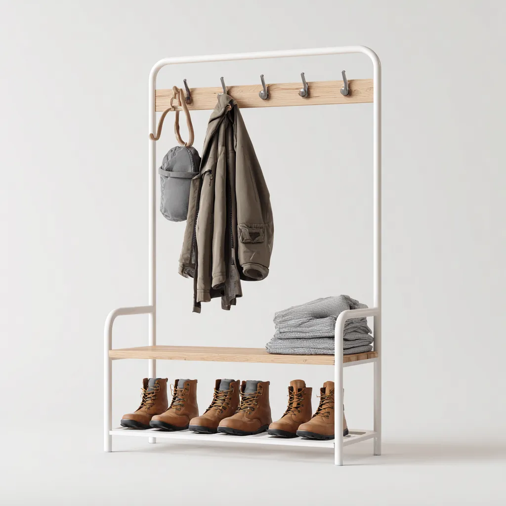 Porte manteau-métal-bois-104x40x165 cm-blanc-nordique-Styleero