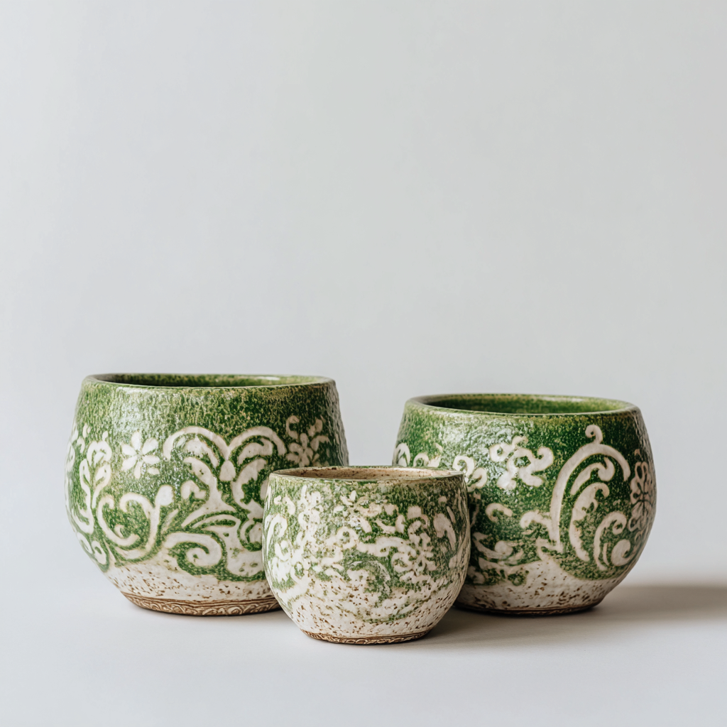 Pots - céramique - 24x24x20cm - 20x20x17cm - 16x16x13cm - vert-blanc - motif floral rustique-Styleero