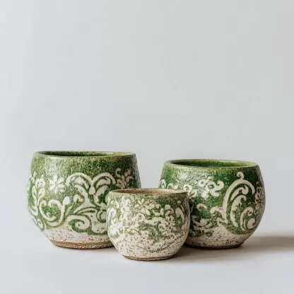 Pots - céramique - 24x24x20cm - 20x20x17cm - 16x16x13cm - vert-blanc - motif floral rustique-Styleero