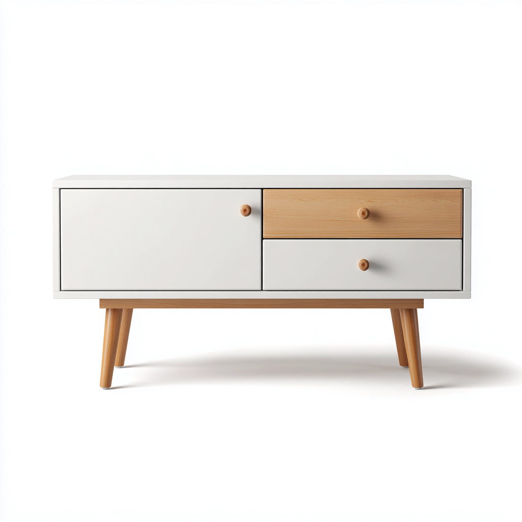 Meuble TV-bois-MDF-110x34x48 cm-blanc-bois naturel-design scandinave-Styleero