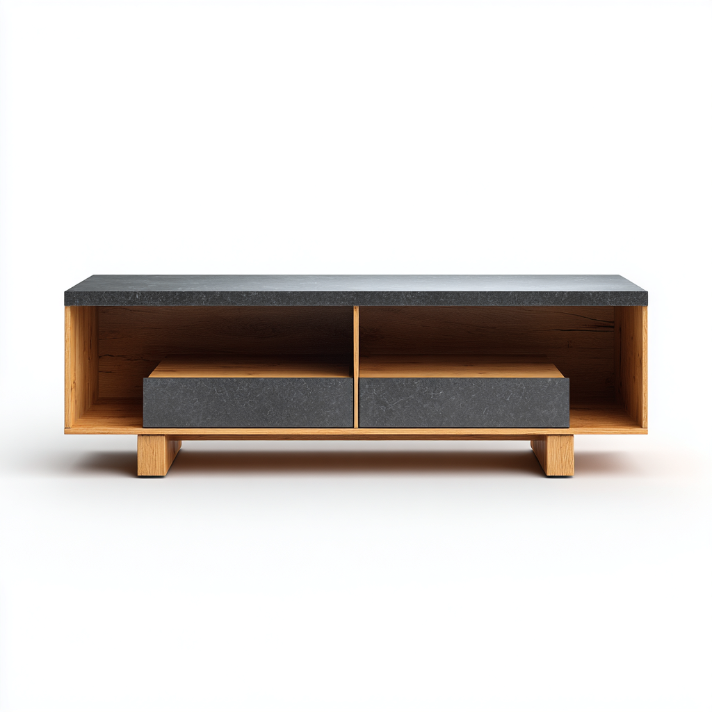 Meuble TV - bois-ceramique - 158x38x47 cm - Noir-Bois naturel - style industriel-Styleero