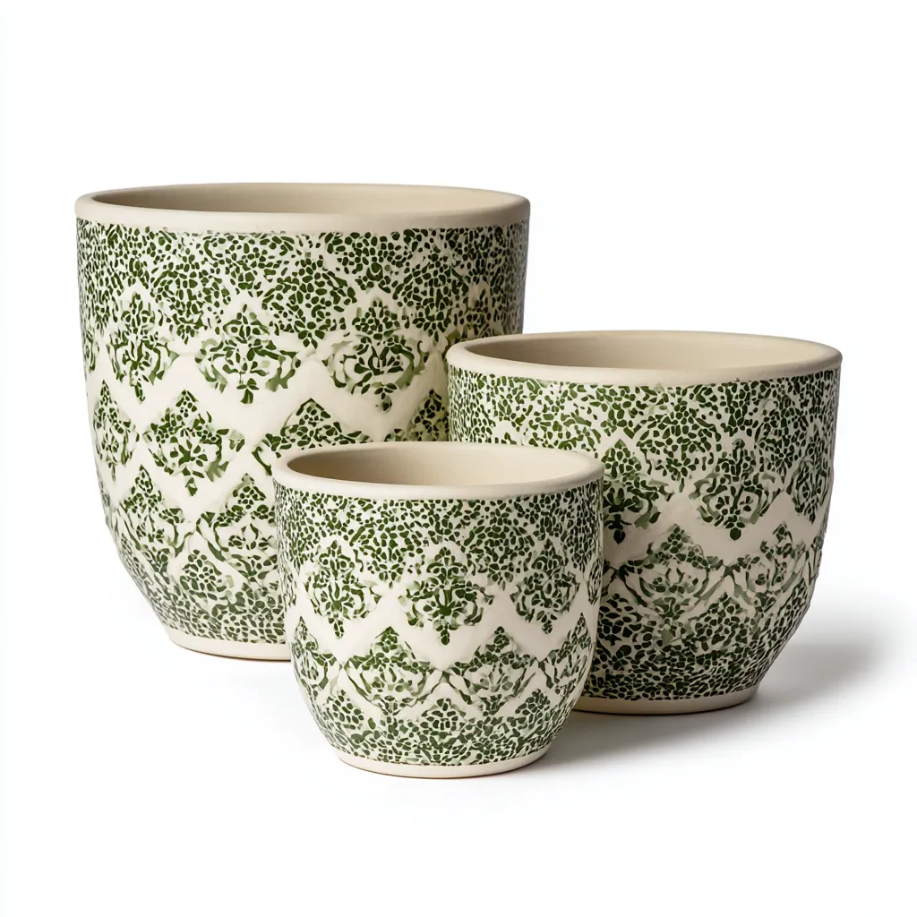 Pots-ceramique-29x29x31cm - 23x23x26cm - 16x16x18cm-blanc-vert-style traditionnel-Styleero