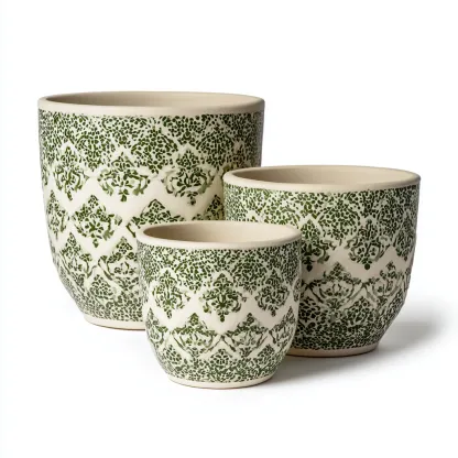 Pots-ceramique-29x29x31cm - 23x23x26cm - 16x16x18cm-blanc-vert-style traditionnel-Styleero