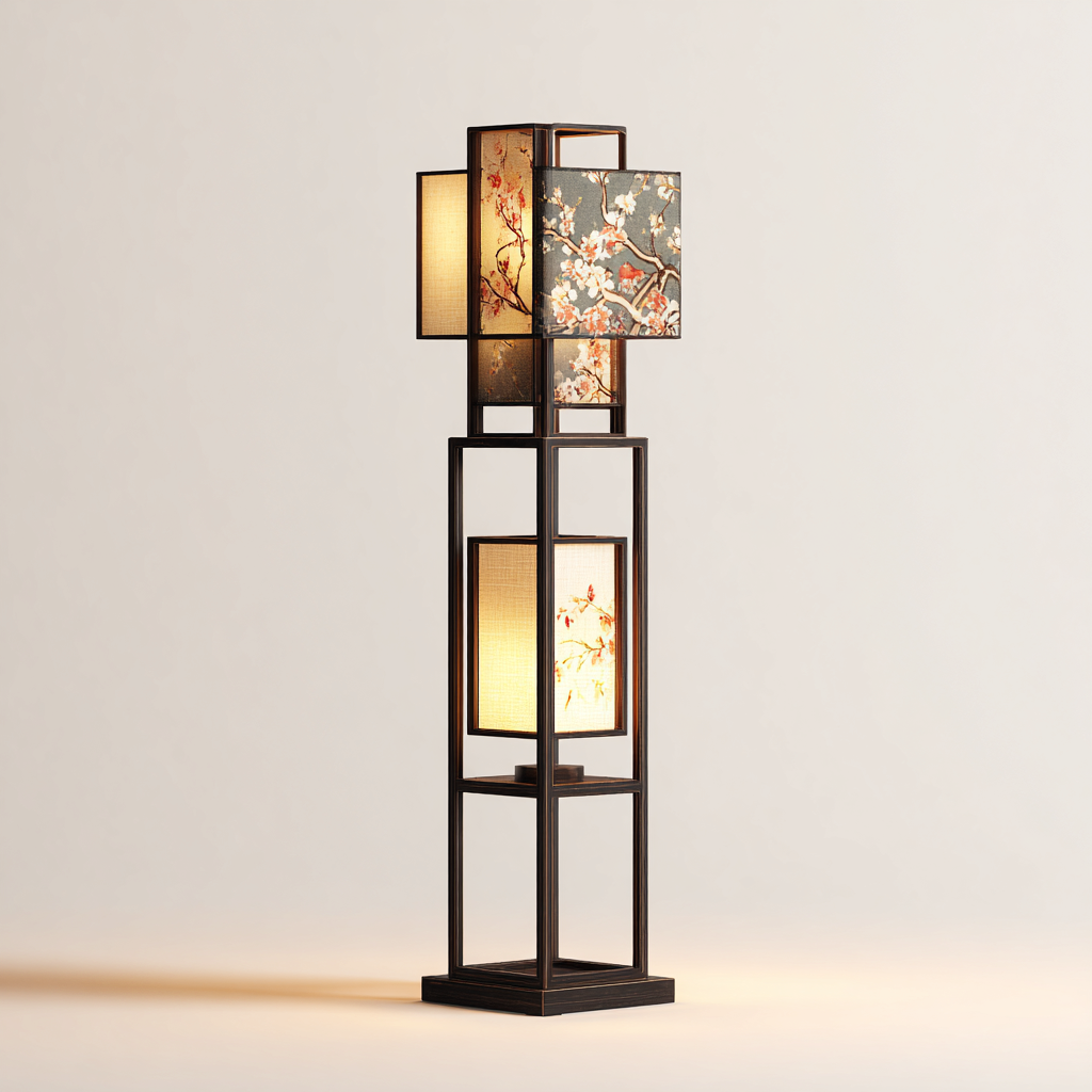 Lampadaire-bois-papier-tissu-38x38x165 cm-bois-noir-multicolore-oriental-Styleero