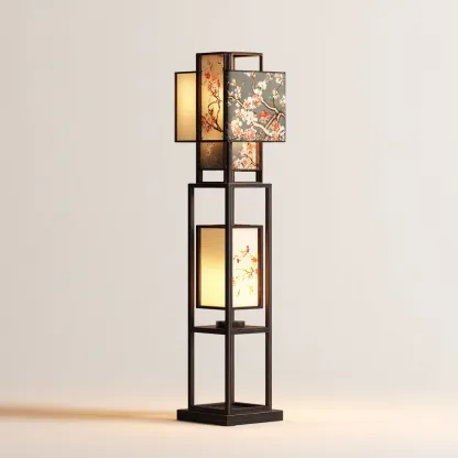 Lampadaire-bois-papier-tissu-38x38x165 cm-bois-noir-multicolore-oriental-Styleero