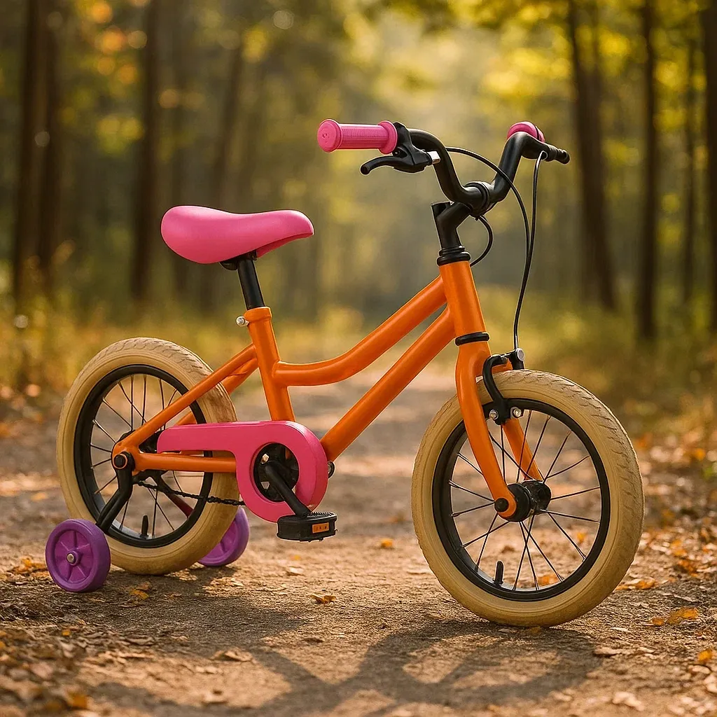 Vélo enfant 14 pouces - Cadre orange et rose avec petites roues