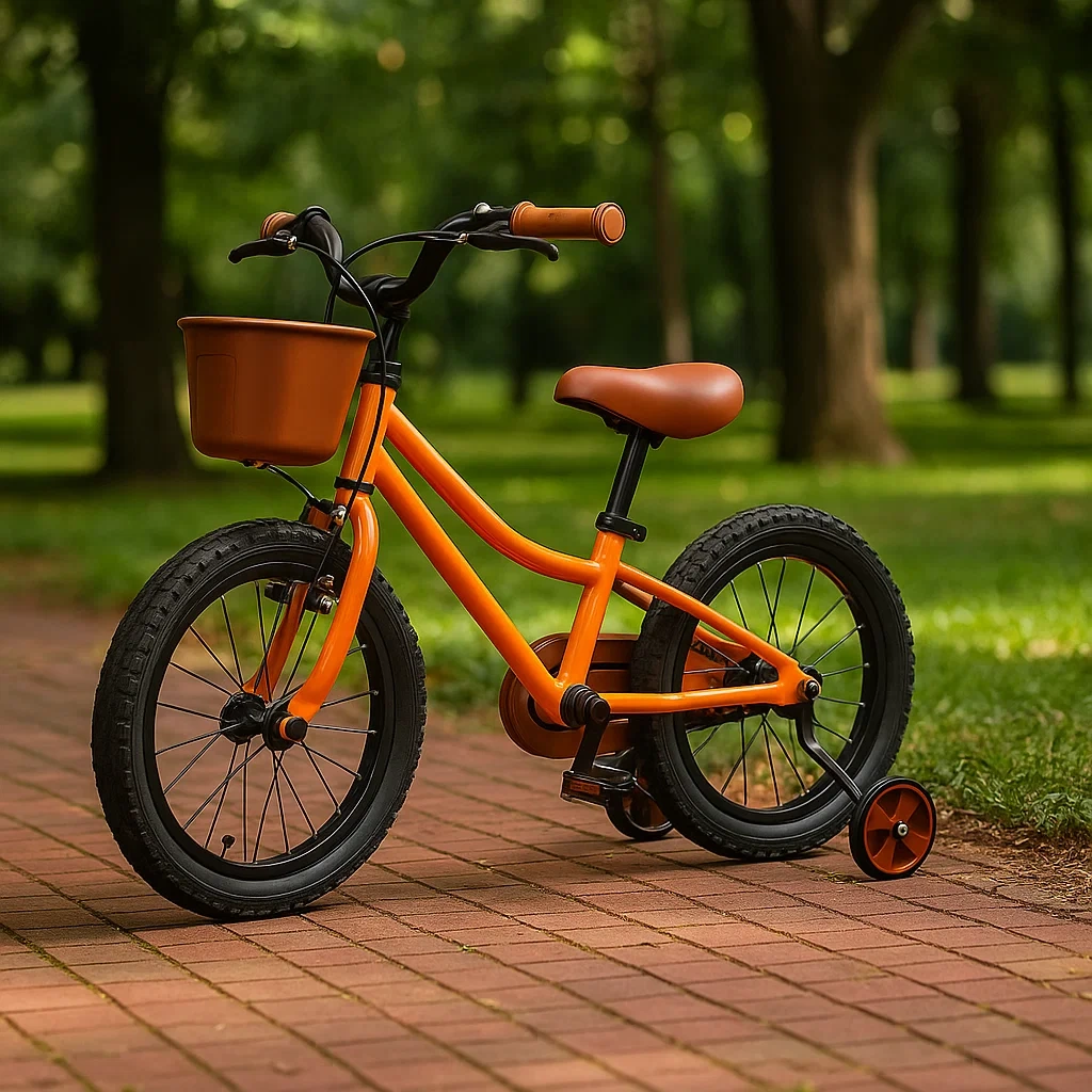 Vélo enfant 14 pouces - Cadre orange avec panier avant et petites roues