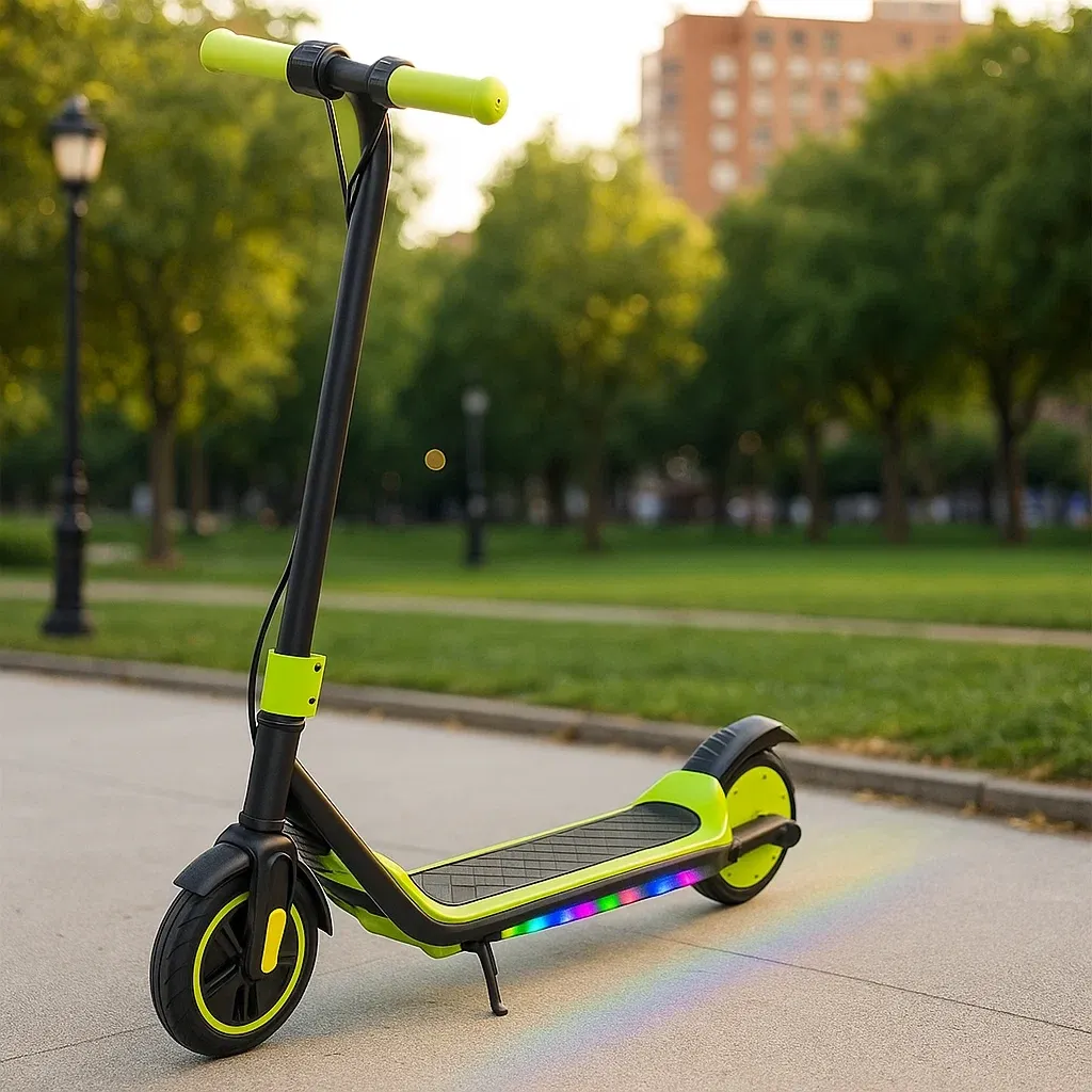 Trottinette électrique enfant vert fluo avec éclairage LED latéral