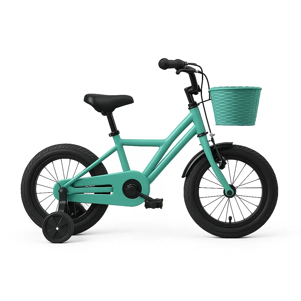 Vélo enfant 14 pouces - Cadre vert avec panier avant et petites roues