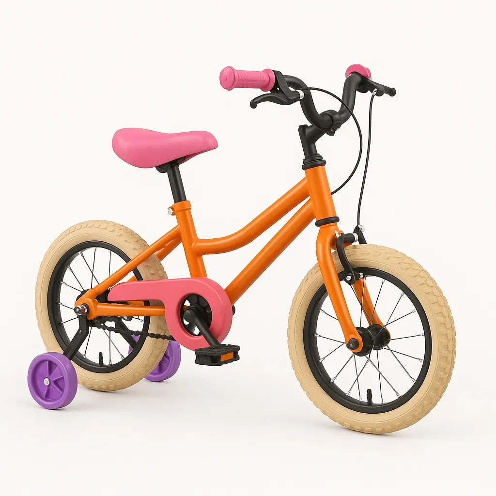 Vélo enfant 14 pouces - Cadre orange et rose avec petites roues