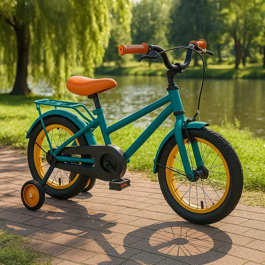 Vélo enfant 14 pouces - Cadre vert avec porte-bagages et petites roues