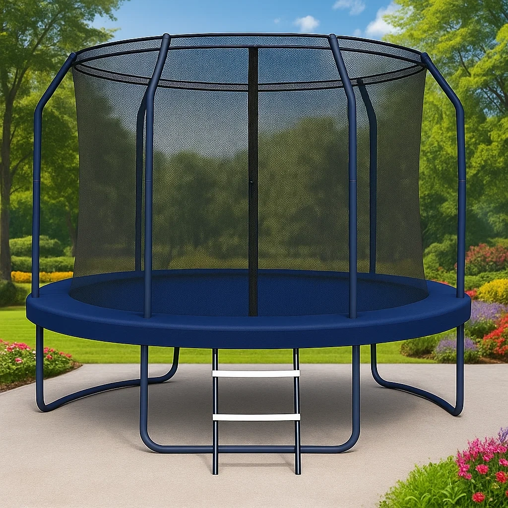 Trampolines 305x285 cm noir/bleu foncé extérieur avec filet et échelle