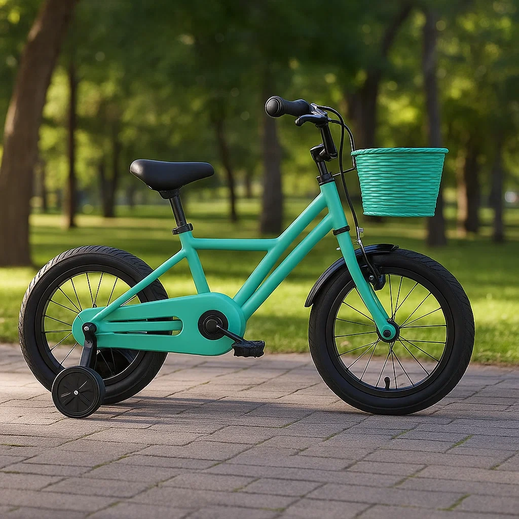 Vélo enfant 14 pouces - Cadre vert avec panier avant et petites roues