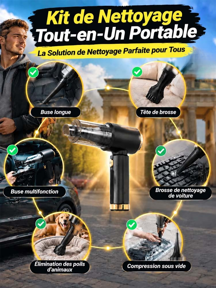 Aspirateur sans Fil pour Voiture 32 000 Pa (Compresseur 2-en-1) | Nettoyez Toute Votre Voiture en Seulement 60 Secondes!