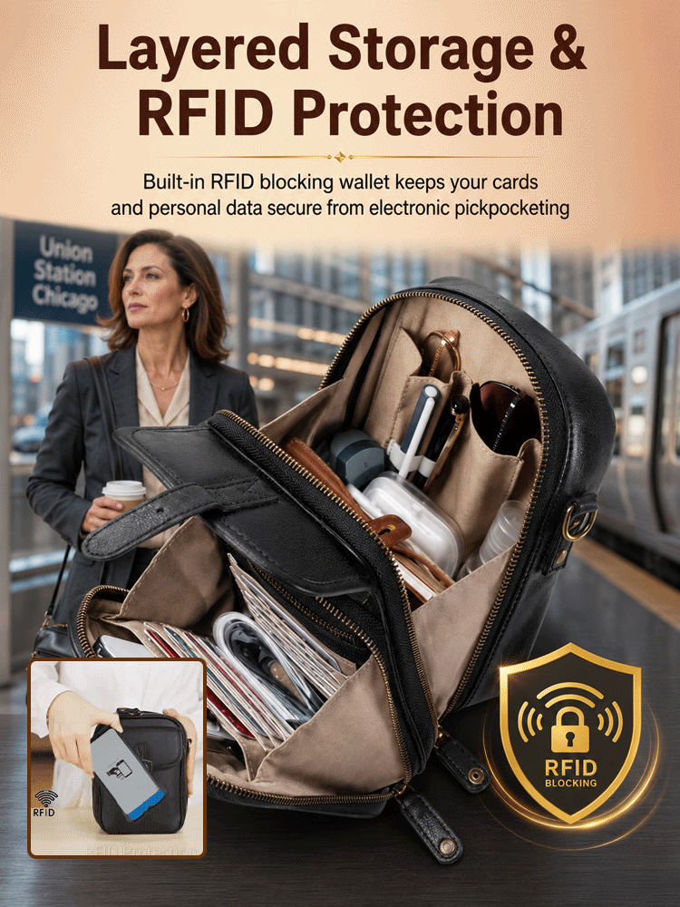 [Genuine Leather] 🛡️ Anti-Theft RFID Crossbody Bag with Built-in Wallet | Multi-Layer Large Capacity | Fits iPhone 14 Pro Max & iPad Mini ✨
