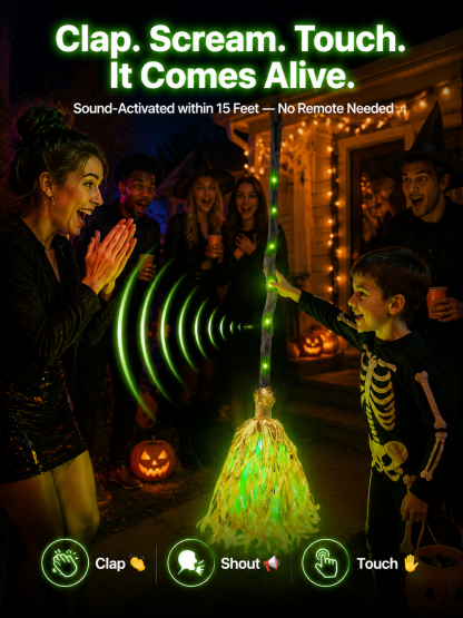 Anti-Gravity Poltergeist Flying Broomstick Prop - Sound & Touch Activated with 12 Ultra-Bright Green LEDs - Halloween Neighborhood Contest