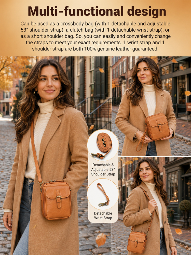 [Genuine Leather] 🛡️ Anti-Theft RFID Crossbody Bag with Built-in Wallet | Multi-Layer Large Capacity | Fits iPhone 14 Pro Max & iPad Mini ✨
