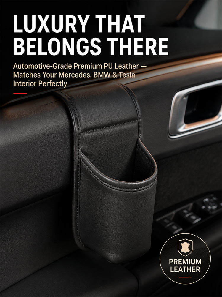 Anti-Wobble Premium Leather Car Door Storage Pocket & Cup Holder - Tested 80 MPH No-Noise Stability - Fits 30oz Tumblers & Phones Without Blocking Window Controls - Ultimate Drive Clear Clearance Sale