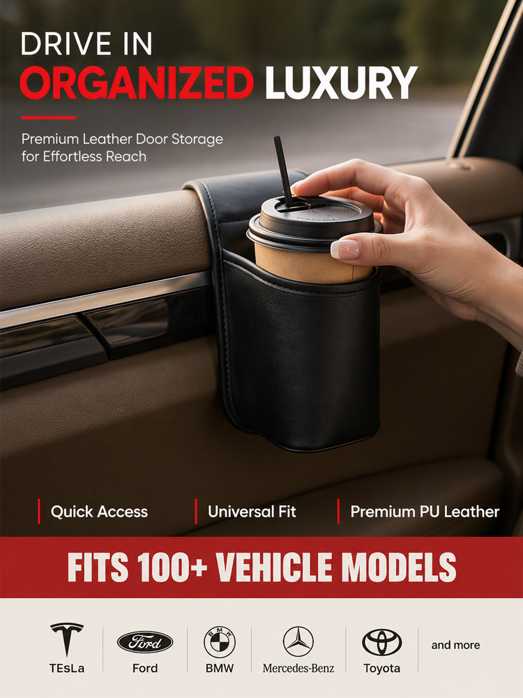 Anti-Wobble Premium Leather Car Door Storage Pocket & Cup Holder - Tested 80 MPH No-Noise Stability - Fits 30oz Tumblers & Phones Without Blocking Window Controls - Ultimate Drive Clear Clearance Sale
