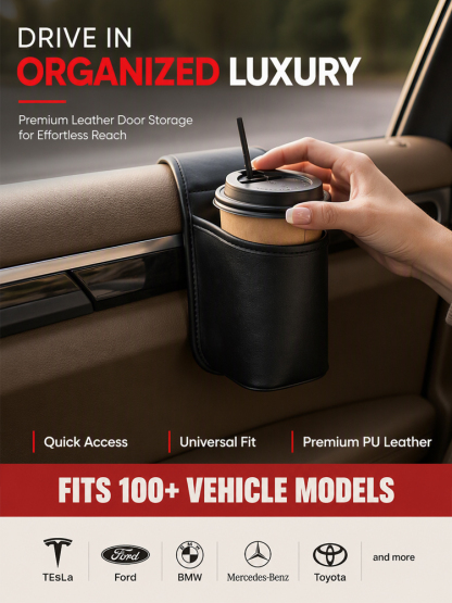 Anti-Wobble Premium Leather Car Door Storage Pocket & Cup Holder - Tested 80 MPH No-Noise Stability - Fits 30oz Tumblers & Phones Without Blocking Window Controls - Ultimate Drive Clear Clearance Sale