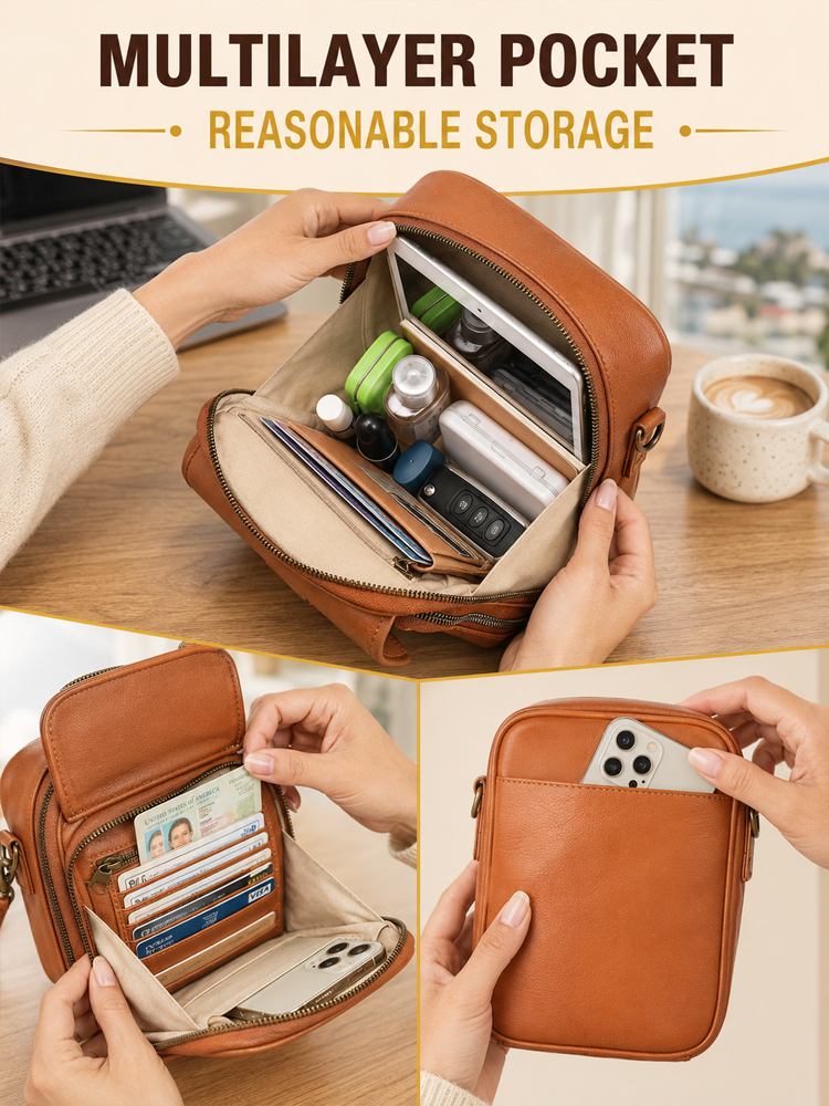 [Genuine Leather] 🛡️ Anti-Theft RFID Crossbody Bag with Built-in Wallet | Multi-Layer Large Capacity | Fits iPhone 14 Pro Max & iPad Mini ✨