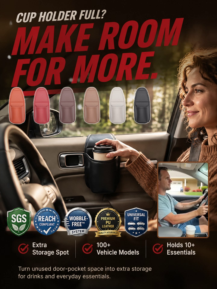 Anti-Wobble Premium Leather Car Door Storage Pocket & Cup Holder - Tested 80 MPH No-Noise Stability - Fits 30oz Tumblers & Phones Without Blocking Window Controls - Ultimate Drive Clear Clearance Sale