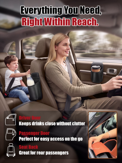 Anti-Wobble Premium Leather Car Door Storage Pocket & Cup Holder - Tested 80 MPH No-Noise Stability - Fits 30oz Tumblers & Phones Without Blocking Window Controls - Ultimate Drive Clear Clearance Sale