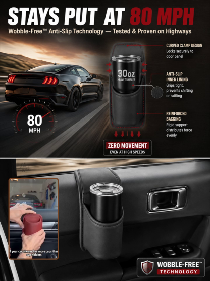 Anti-Wobble Premium Leather Car Door Storage Pocket & Cup Holder - Tested 80 MPH No-Noise Stability - Fits 30oz Tumblers & Phones Without Blocking Window Controls - Ultimate Drive Clear Clearance Sale