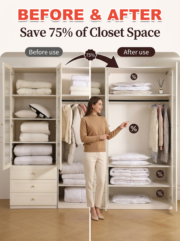 Reclaim 75% of Your Closet Space Instantly! Make the clutter vanish 📦No More Manual Pumping! Powerful electric suction for a tidy home in seconds ⚡Shield your clothes from moisture and dust 🛡️It’s like magic for your storage room 🌬️
