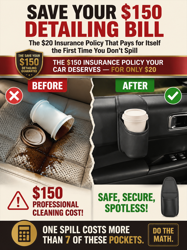 Anti-Wobble Premium Leather Car Door Storage Pocket & Cup Holder - Tested 80 MPH No-Noise Stability - Fits 30oz Tumblers & Phones Without Blocking Window Controls - Ultimate Drive Clear Clearance Sale