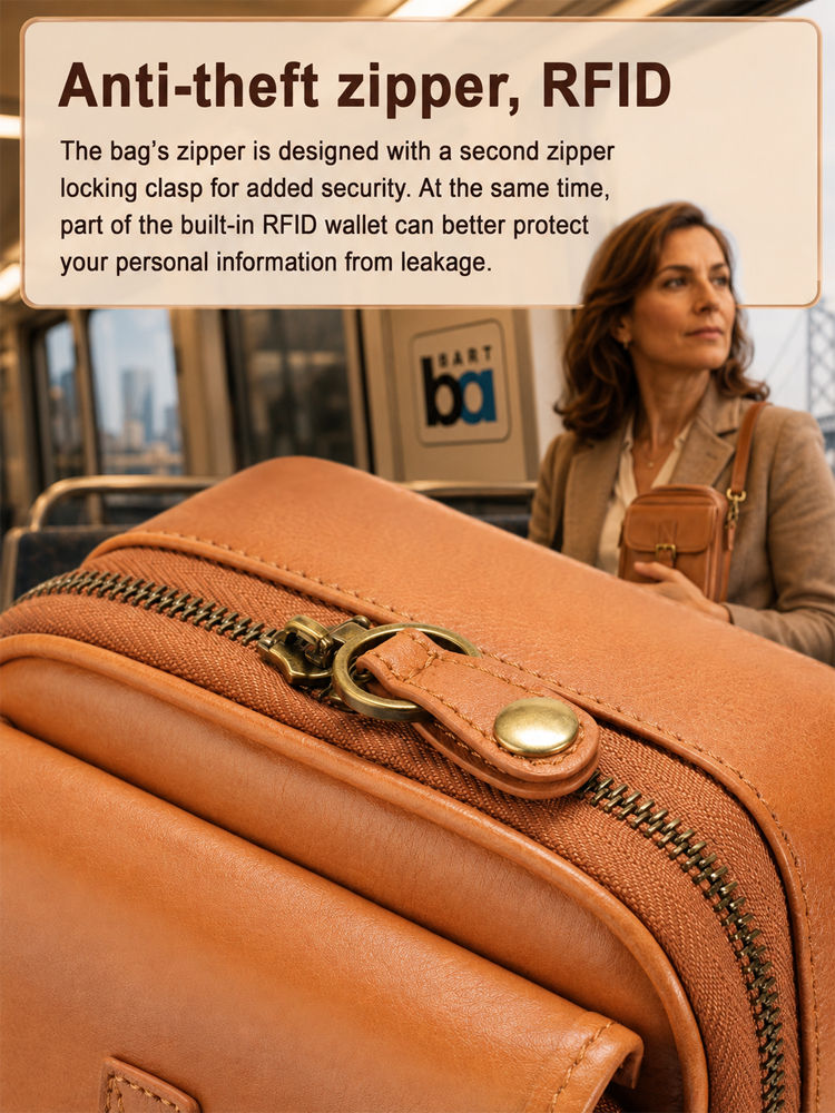 [Genuine Leather] 🛡️ Anti-Theft RFID Crossbody Bag with Built-in Wallet | Multi-Layer Large Capacity | Fits iPhone 14 Pro Max & iPad Mini ✨