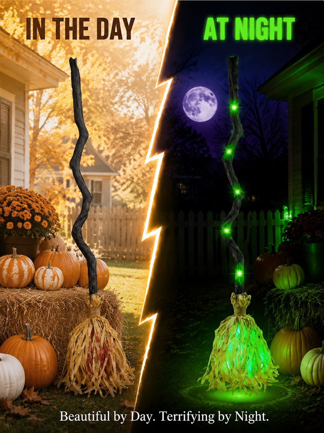 Anti-Gravity Poltergeist Flying Broomstick Prop - Sound & Touch Activated with 12 Ultra-Bright Green LEDs - Halloween Neighborhood Contest