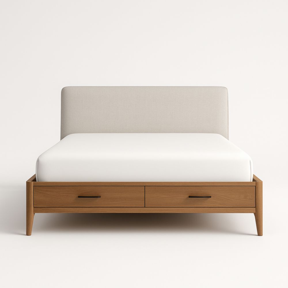 Letto matrimoniale con testiera imbottita e cassetti in legno di quercia 160x200 cm