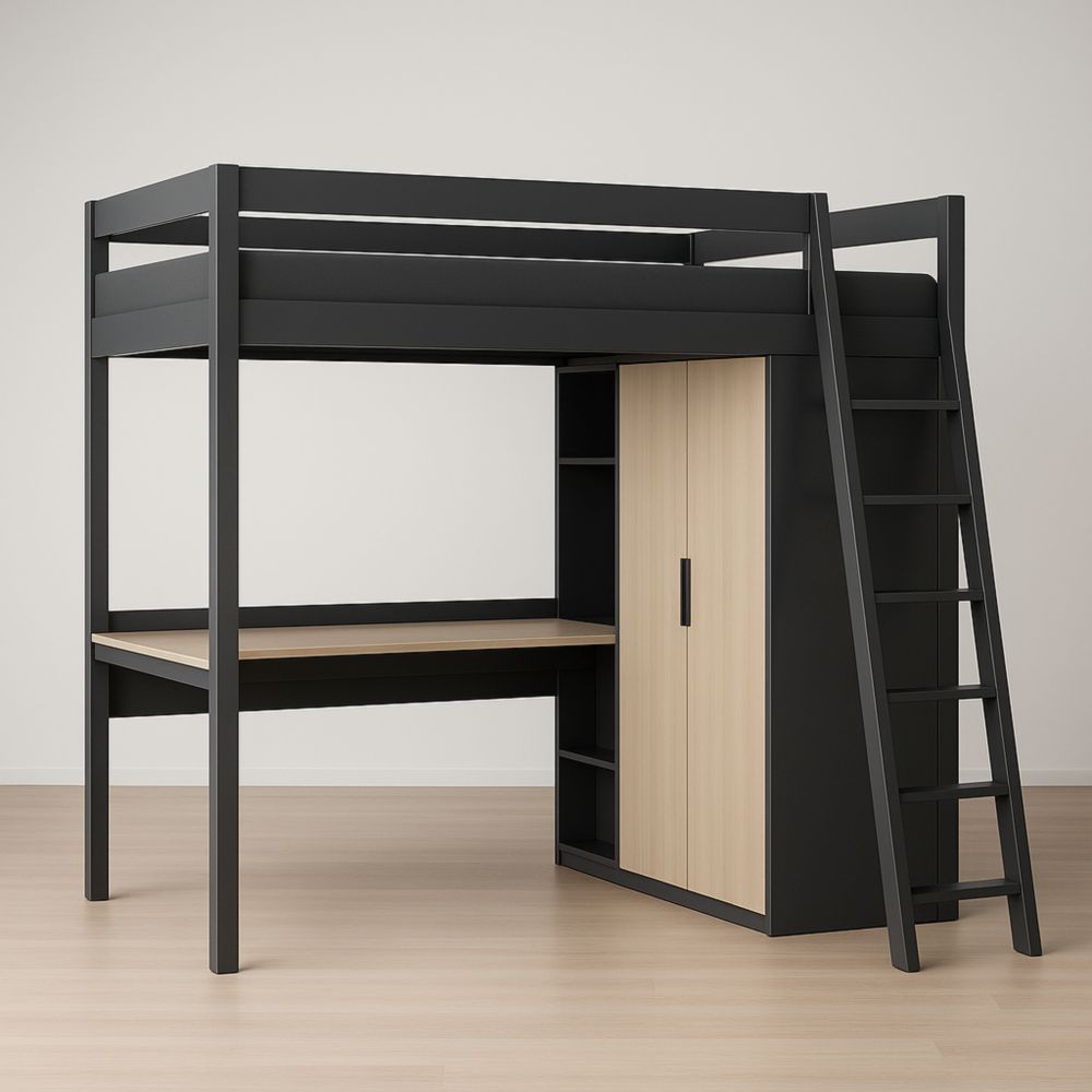 Letto a soppalco in Acciaio e MDF con Scrivania e Armadio Nero