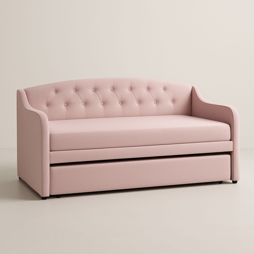 Divano letto in poliestere rosa con struttura in legno