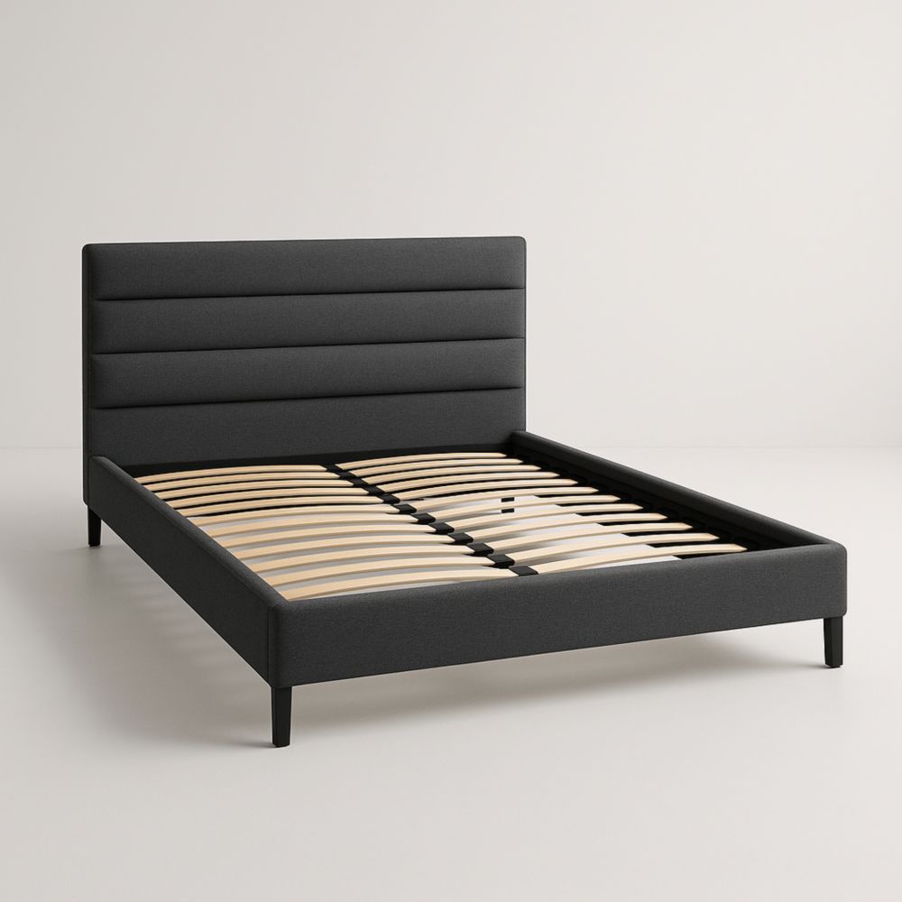 Letto matrimoniale in tessuto grigio con doghe in legno massello multistrato, dimensioni 200x160 cm