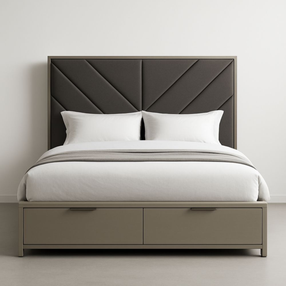 Letto matrimoniale con contenitore in legno e testiera imbottita in tessuto