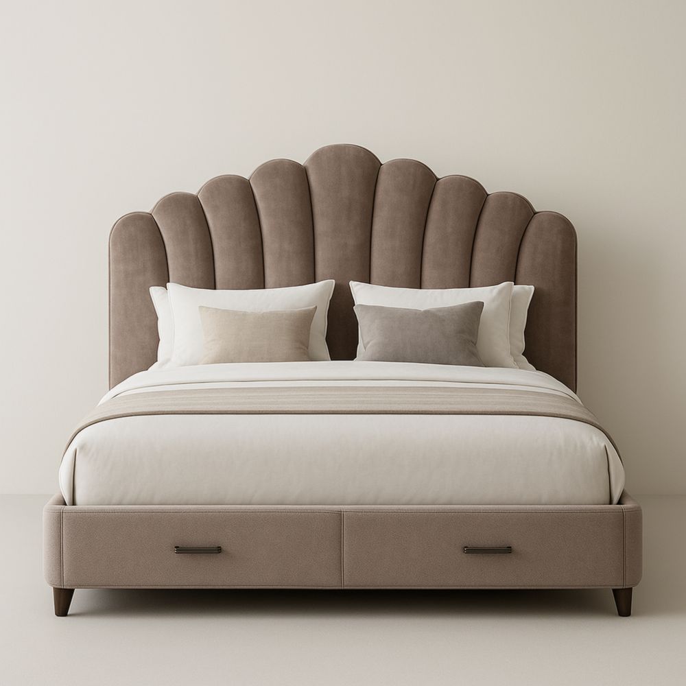Letto matrimoniale con testiera a conchiglia velluto marrone e cassetti 200x160 cm