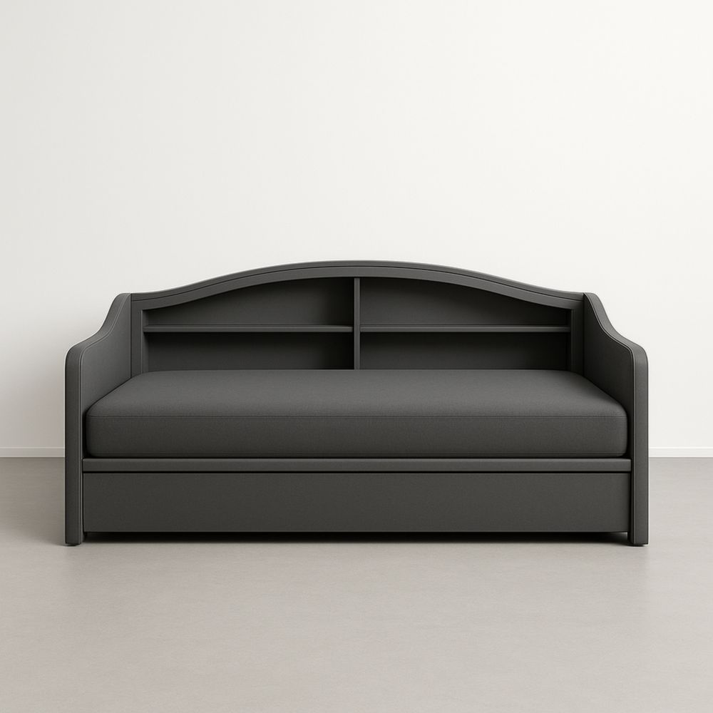 Divano letto in tessuto grigio con scaffale integrato