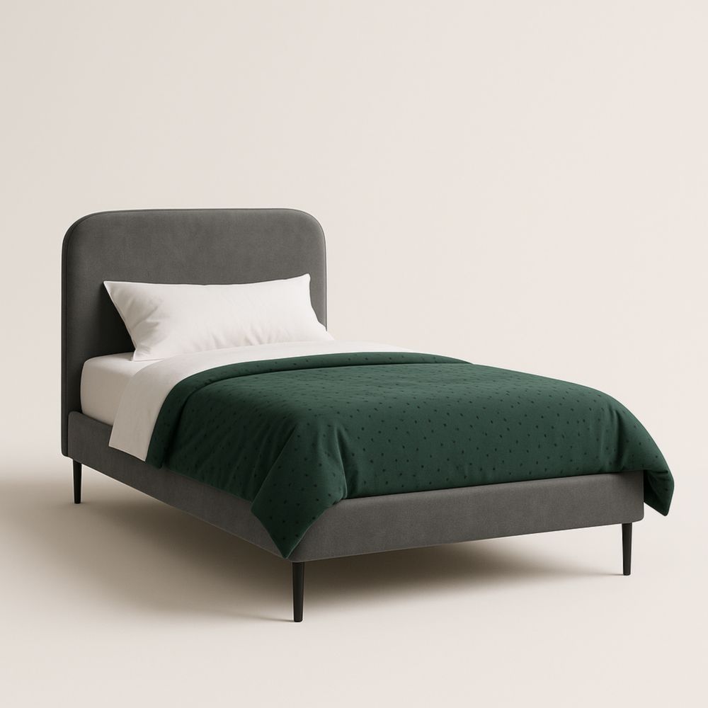 Letto singolo in tessuto grigio con testiera arrotondata