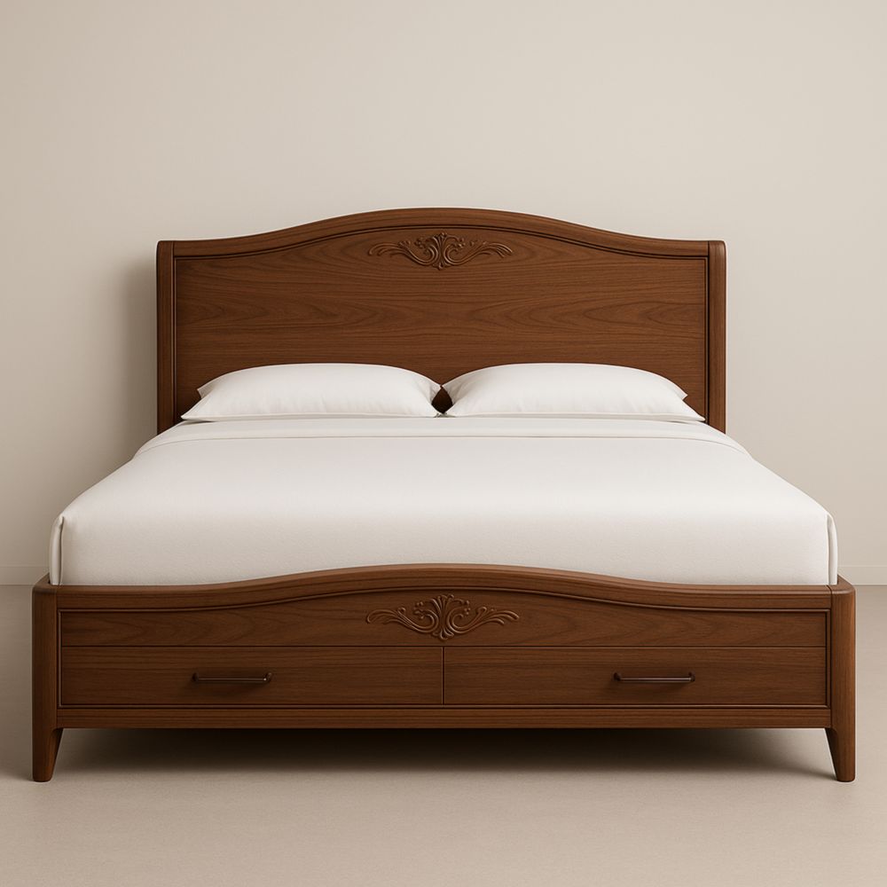 Letto matrimoniale in legno con testiera decorata e cassetti 160x200 cm