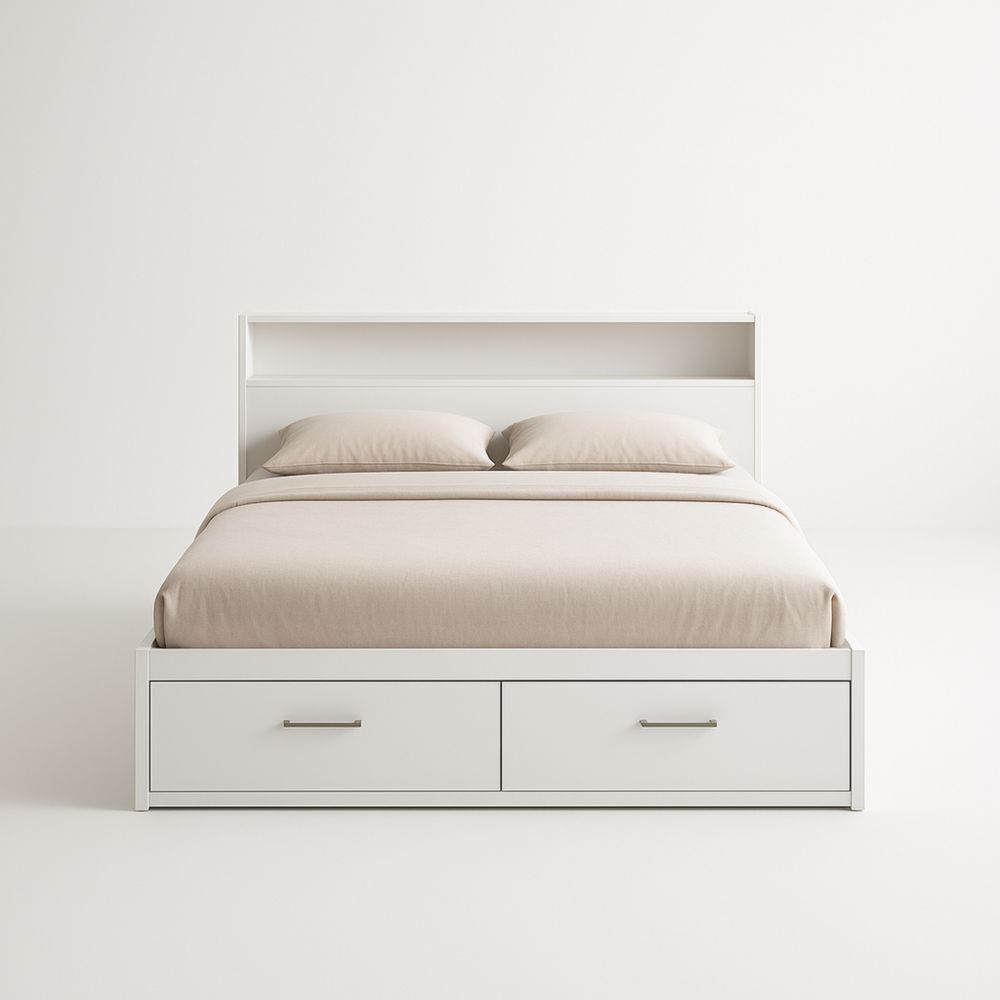 Letto matrimoniale con cassetti e testiera libreria in legno bianco