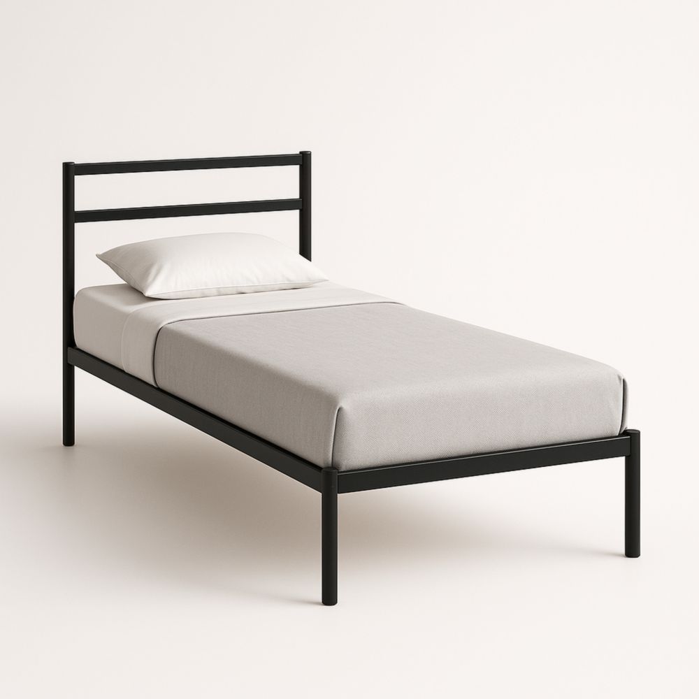 Letto singolo in metallo nero con materasso grigio
