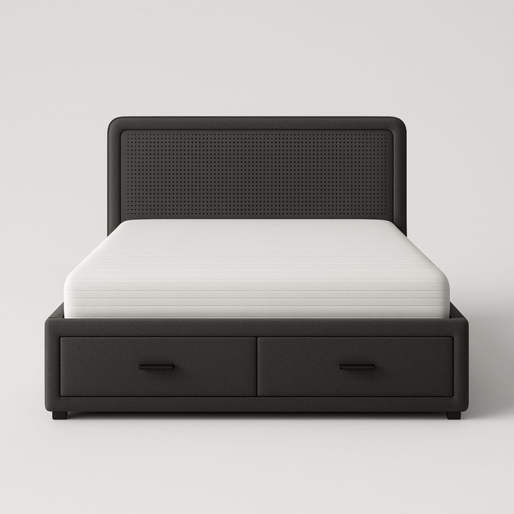 Letto matrimoniale con contenitore in tessuto nero con due cassetti