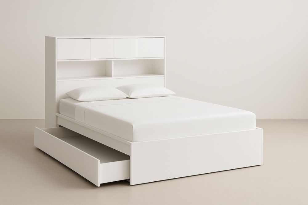 Letto Matrimoniale con Testiera Libreria e Cassetto Contenitore in Legno MDF Bianco