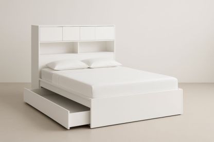 Letto Matrimoniale con Testiera Libreria e Cassetto Contenitore in Legno MDF Bianco