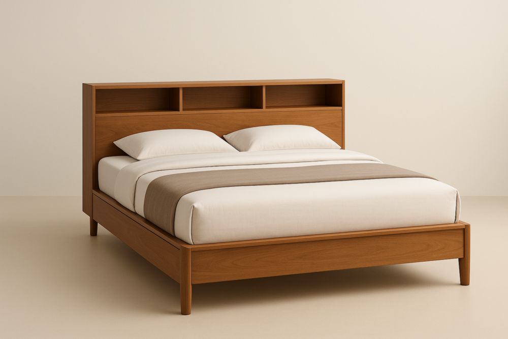 Letto matrimoniale in legno massello con testiera scaffale